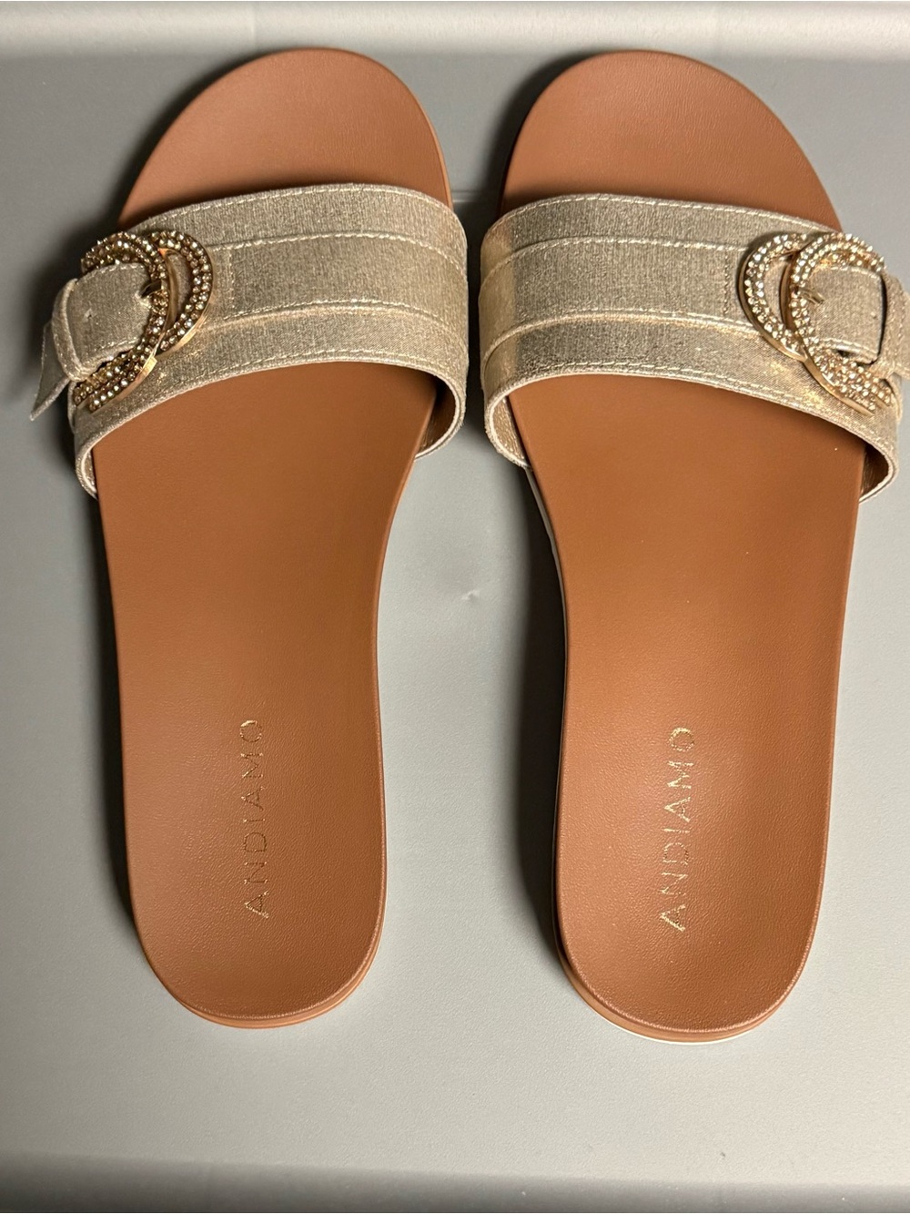 ANDIAMO Gold Buckle Slide Sandals - Women's Metallic Champagne